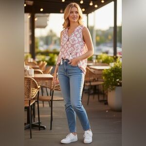 Xhilaration Boho Tassel Tie Sleeveless Blouse Coral Cream Print Size Small